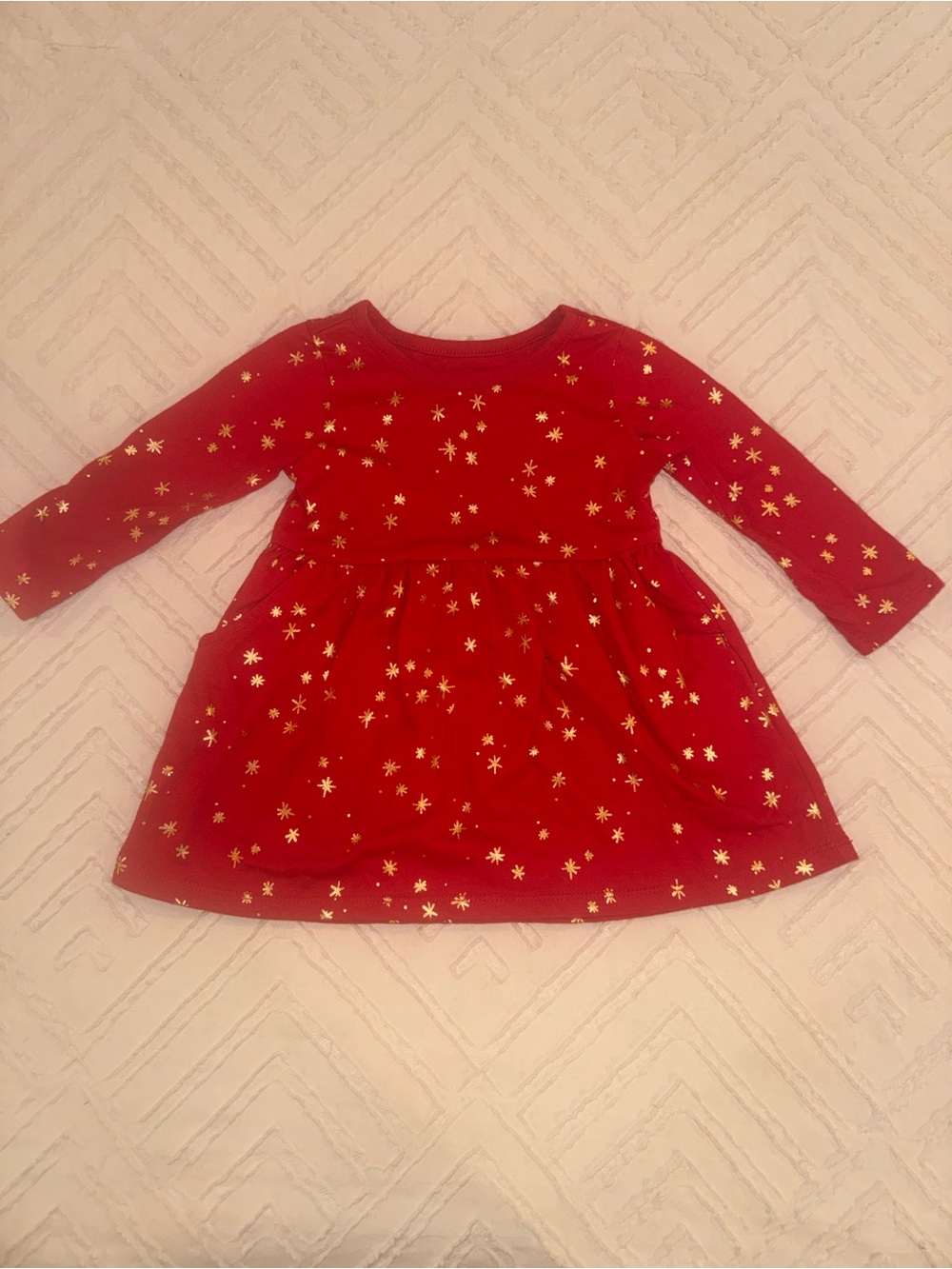Red Long-Sleeve Dress with Gold Star Print